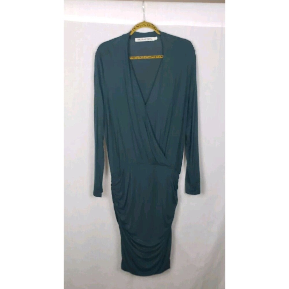 Michael Stars Dress L Hunter Green Faux Wrap Ruched Sides Casual Workwear Classy